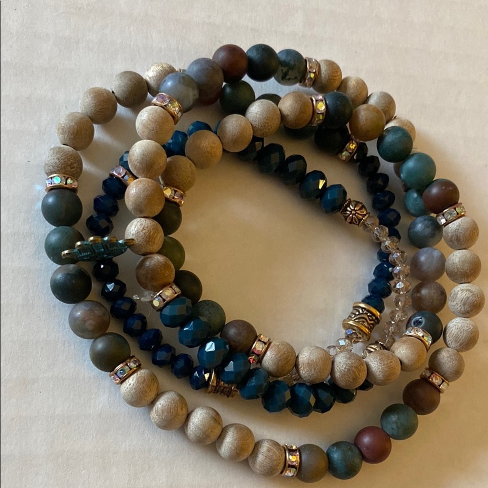 Hand Crafted Brown and Blue Necklace Bracelet with Multi-Strand Design